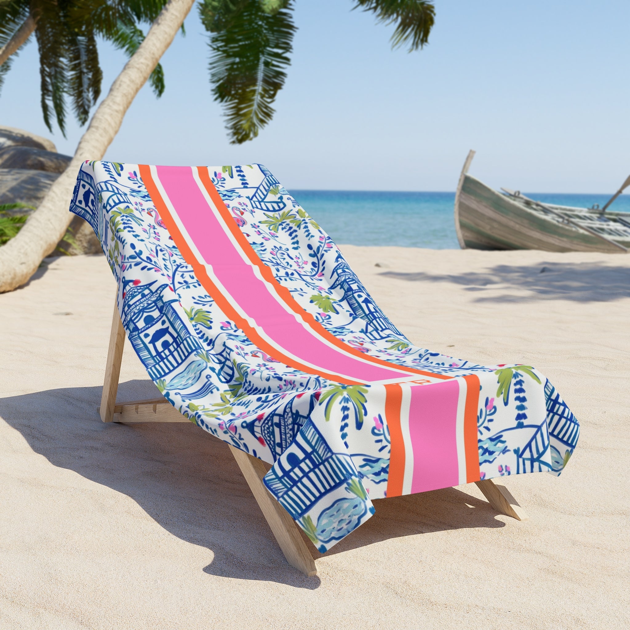 Colorful Chinoiserie Striped Monogrammed Beach Towel