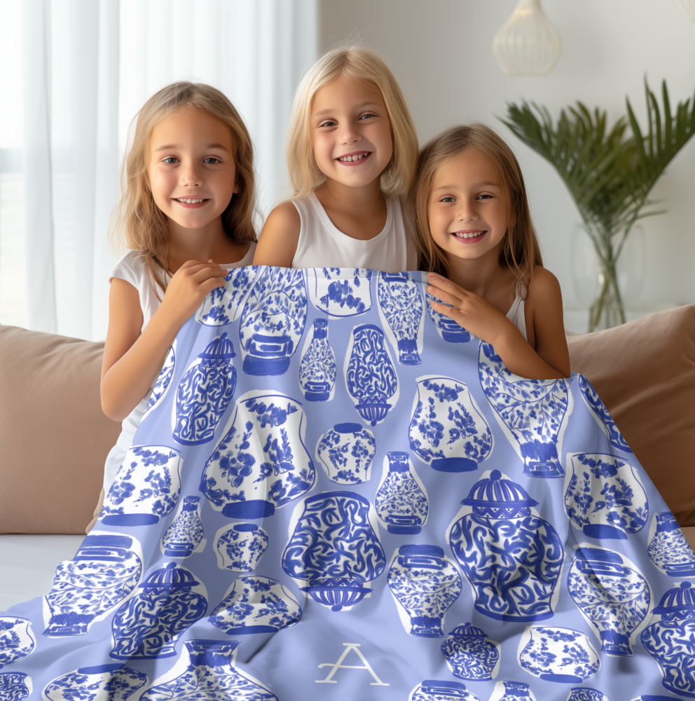 Chinoiserie Jars (Blue) Throw Blanket (personalize)