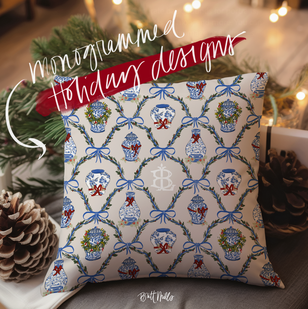 Chinoiserie Christmas Monogrammed Pillowcase 20"x20"