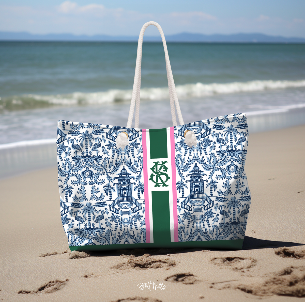 Palm Beach Striped Monogrammed Carry-All Tote