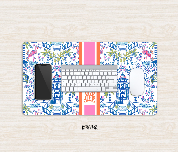 Colorful Chinoiserie Striped Monogrammed Desk Mat - Large (24" x 14")