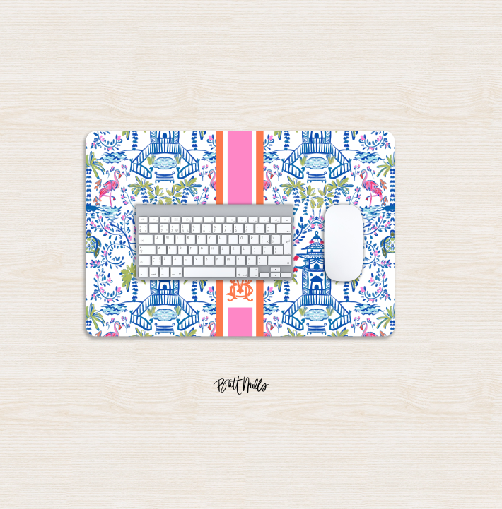 Colorful Chinoiserie Striped Monogrammed Desk Mat – Small (18″ x 12″)