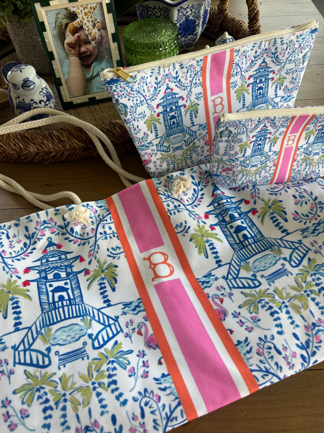 Colorful Chinoiserie Striped Monogrammed Carry-All Tote