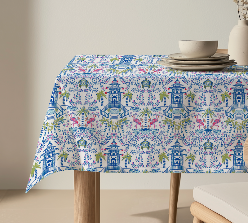 Colorful Coastal Chinoiserie Square Tablecloth