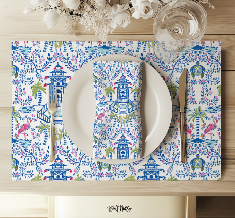 Colorful Coastal Chinoiserie Cloth Napkin Set