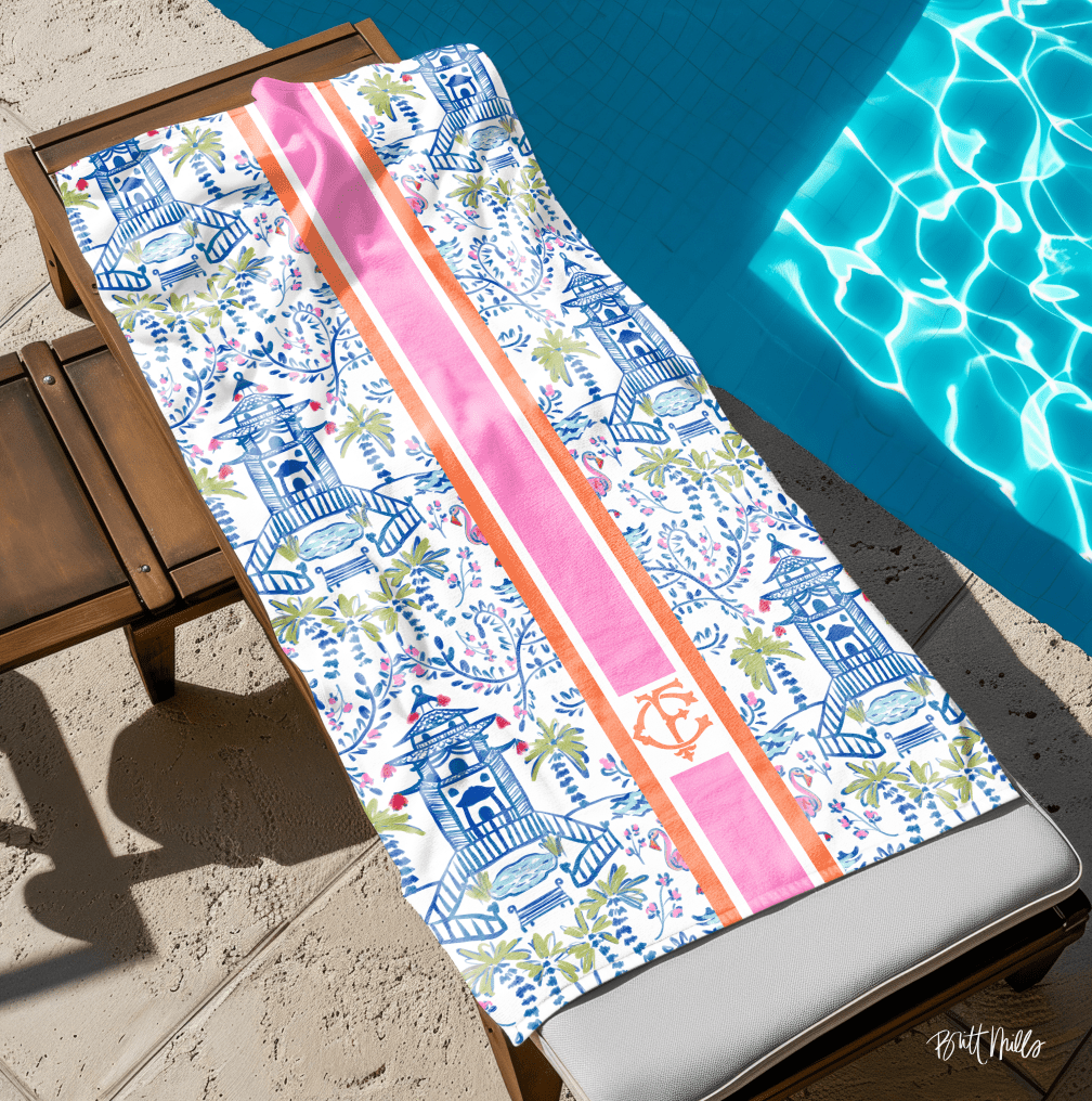 Beach TowelsColorful Chinoiserie Striped Monogrammed Beach TowelBritt Mills Design