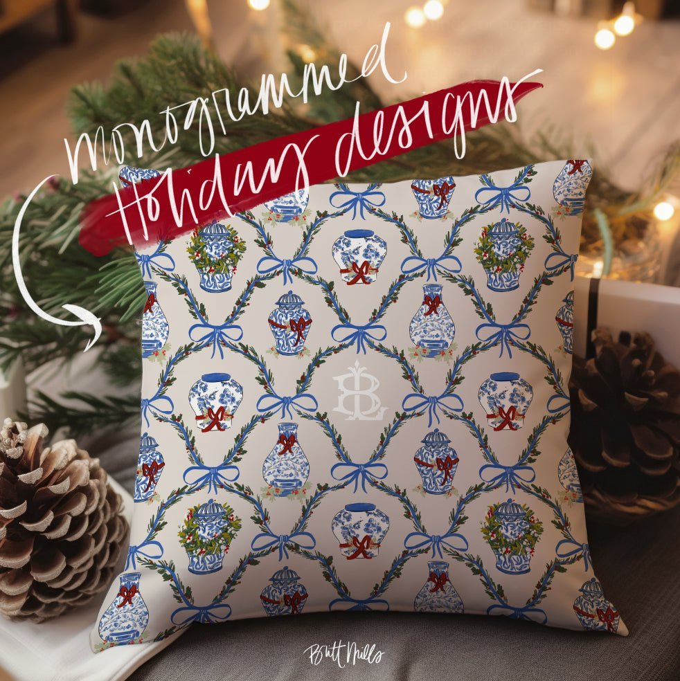 20" Pillow Cases - Chinoiserie Christmas Monogrammed Throw Pillowcase 20"x20"