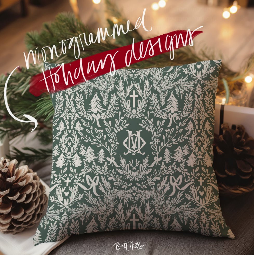 20" Pillow Cases - Christmas Toile Monogrammed Throw Pillowcase 20"x20"