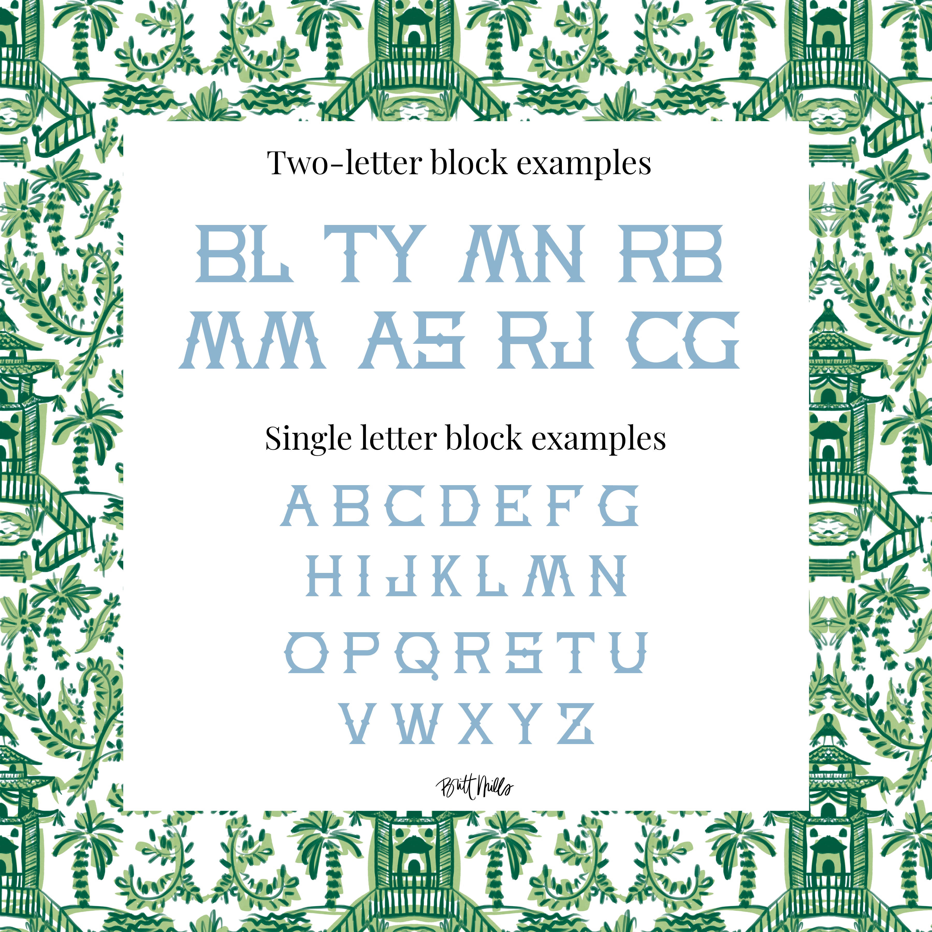 two-letter block examples and single letter block examples of various alphabets and characters, all set against a background with a repeating pattern of green and white floral designs.