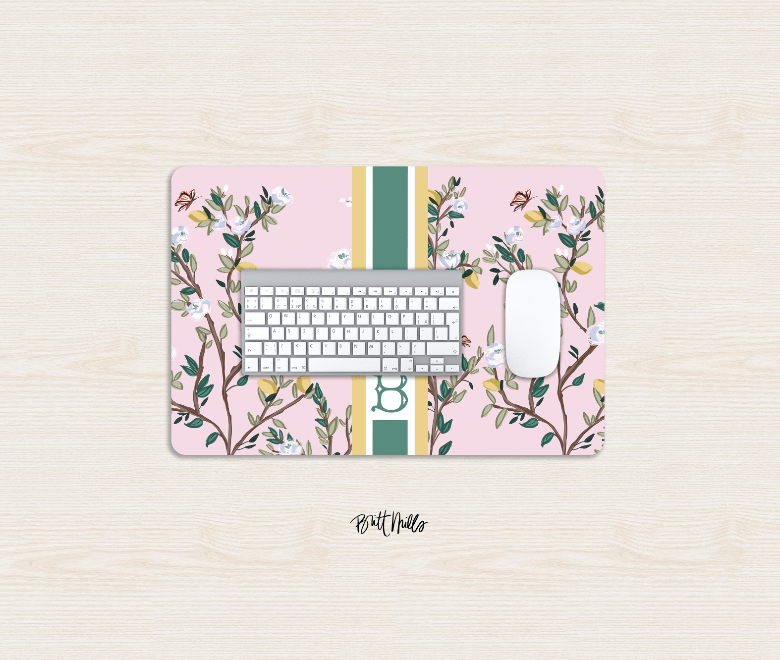 Small Desk MatBlossom Garden Striped Monogrammed Desk Mat – Small (18″ x 12″)Britt Mills Design