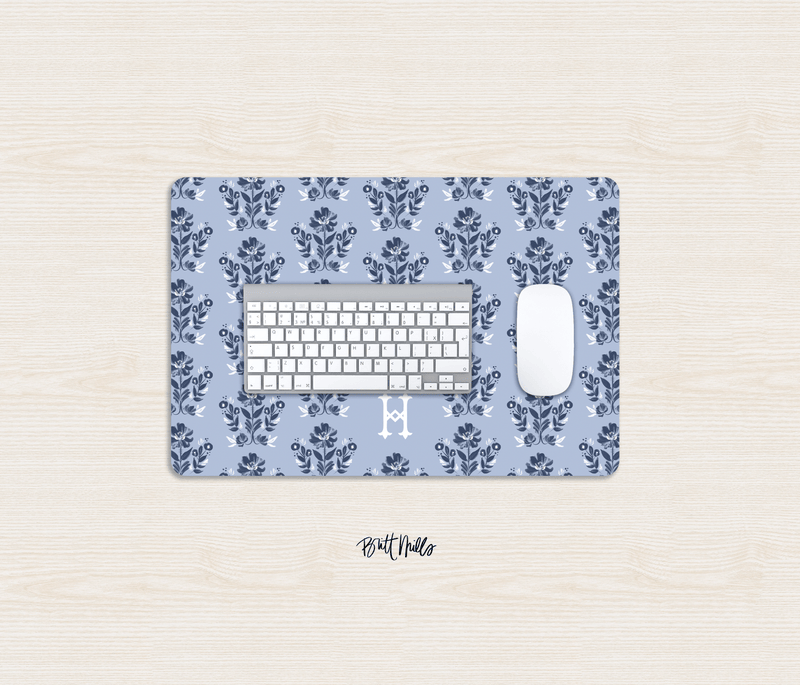Small Desk MatEvangeline Blue Monogrammed Desk Mat – Small (18″ x 12″)Britt Mills Design