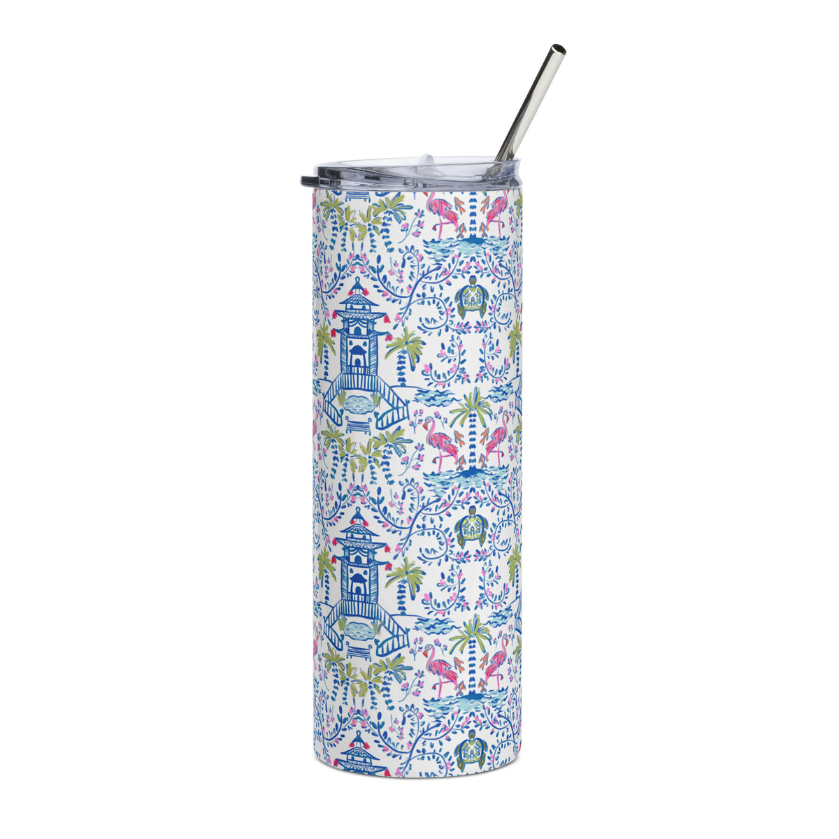 Colorful Coastal Chinoiserie Skinny Stainless Steel Tumbler