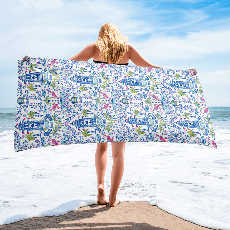 Colorful Coastal Chinoiserie Beach Towel