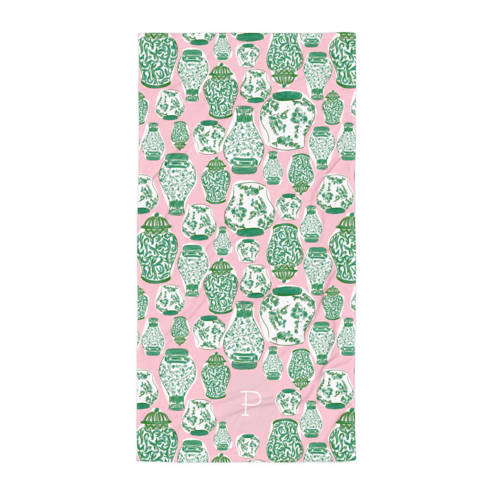 Chinoiserie Jars (Pink) Beach Towel (personalized)